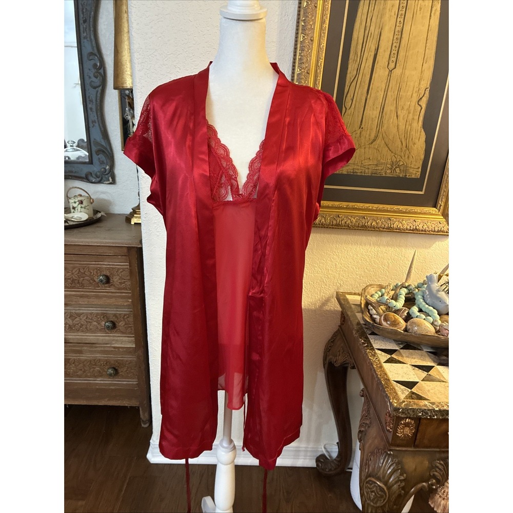 Ambrielle Womens Sz XL Red Satin Negligée 2 Piece Set Baby Doll Gown & Robe READ
